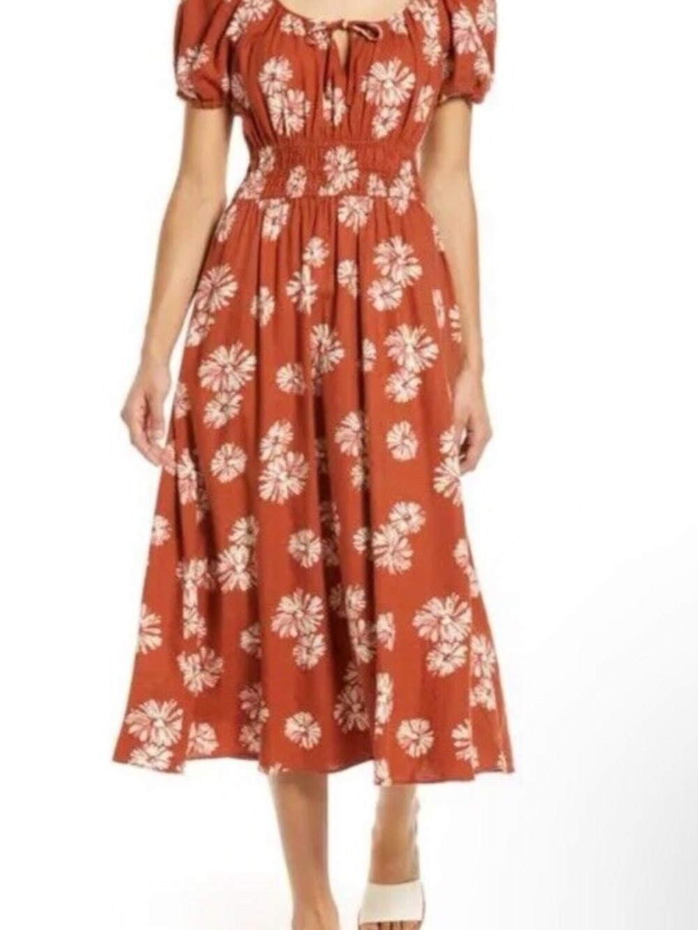 Madewell Rust Floral Puff-Sleeve Midi Dress with Cream Print